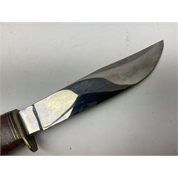 Graduated set of three Bowie knives by J. Nowill & Sons Sheffield England Est. AD1700, each with steel blade, brass cross-piece, stacked leather type grip and alloy pommel; largest blade 13cm and smallest 7.5cm; each in leather sheath (3)