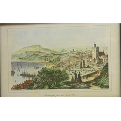  Six 19th century Scarborough engravings and lithographs including 'Museum and Cliff Bridge', '...from the Castle Gate', '..from Belmont Terrace', all pub. W Theakston, 'Cliff and Terrace..' and 'Esplanade South Cliff..' and one other photographic print max 28cm x 36cm (7)  