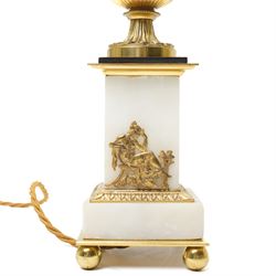 Pair of early 20th-century Neoclassical lamp bases in gilt bronze and alabaster, each decorated with classical figural reliefs celebrating the arts, each of baluster form, the alabaster bodies applied with finely cast gilt-bronze scenes including a seated painter at an easel, a sculptor at work, and allegorical female figures with musical  and theatrical motifs, mounted on square alabaster plinths with gilt-bronze borders and raised on bun feet, the domed shoulders enriched with laurel-leaf mouldings, H42cm 