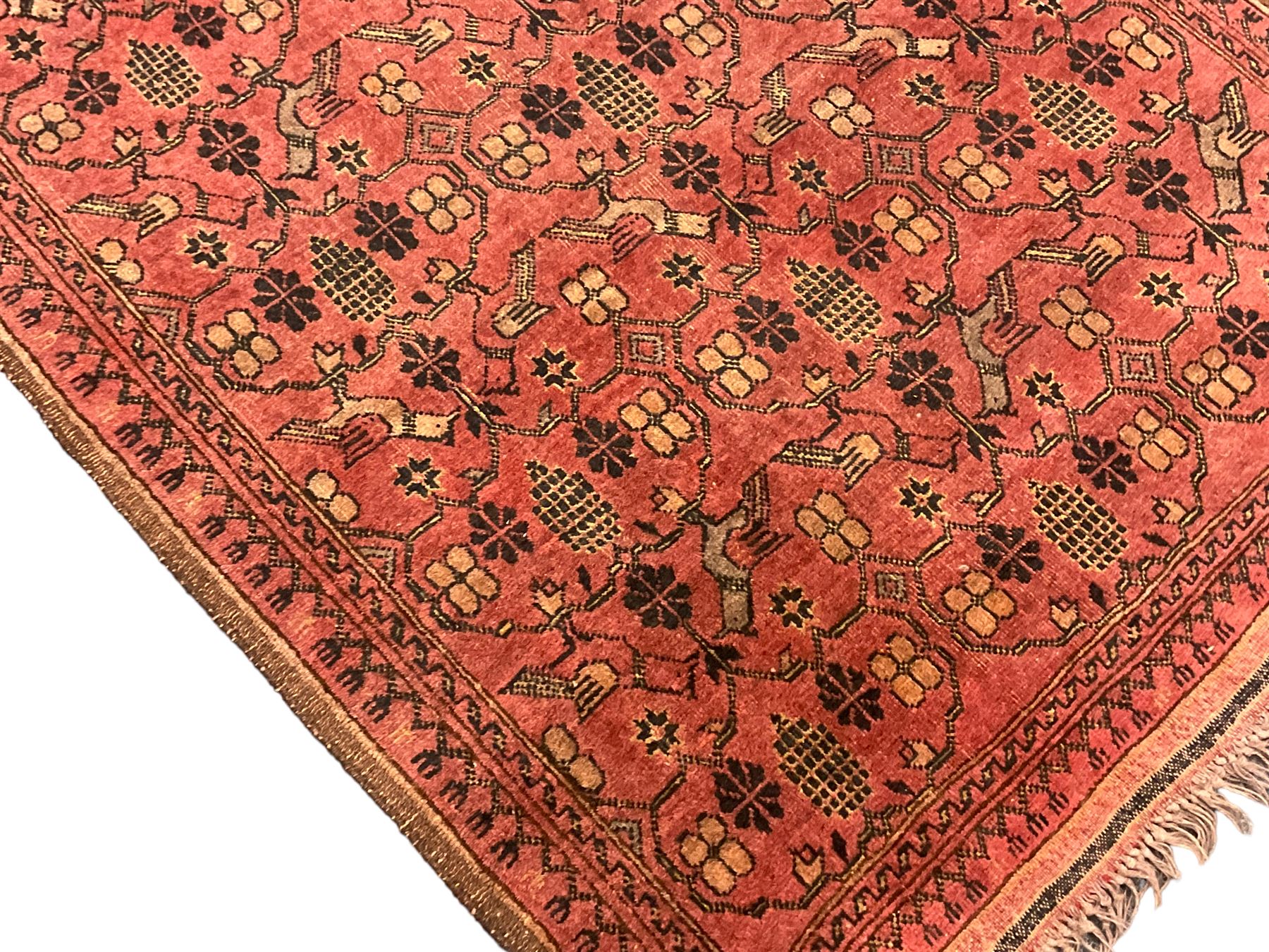 Old Afghan red ground rug, decorated with repeating bird motifs, the guarded border with candelabra pattern (150cm x 104cm); and antique Afghan burnt orange ground rug, field decorated with octagonal lozenges, repeating geometric border (134cm x 95cm) (2)