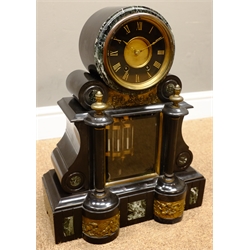  19th Century black slate and marble mantle clock, twin train movement striking the half hours on a bell, visible mercury pendulum, H48cm    