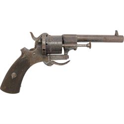 19th century pinfire six-shot revolver, rear loading with folding trigger and wooden grip, H10cm, L20cm