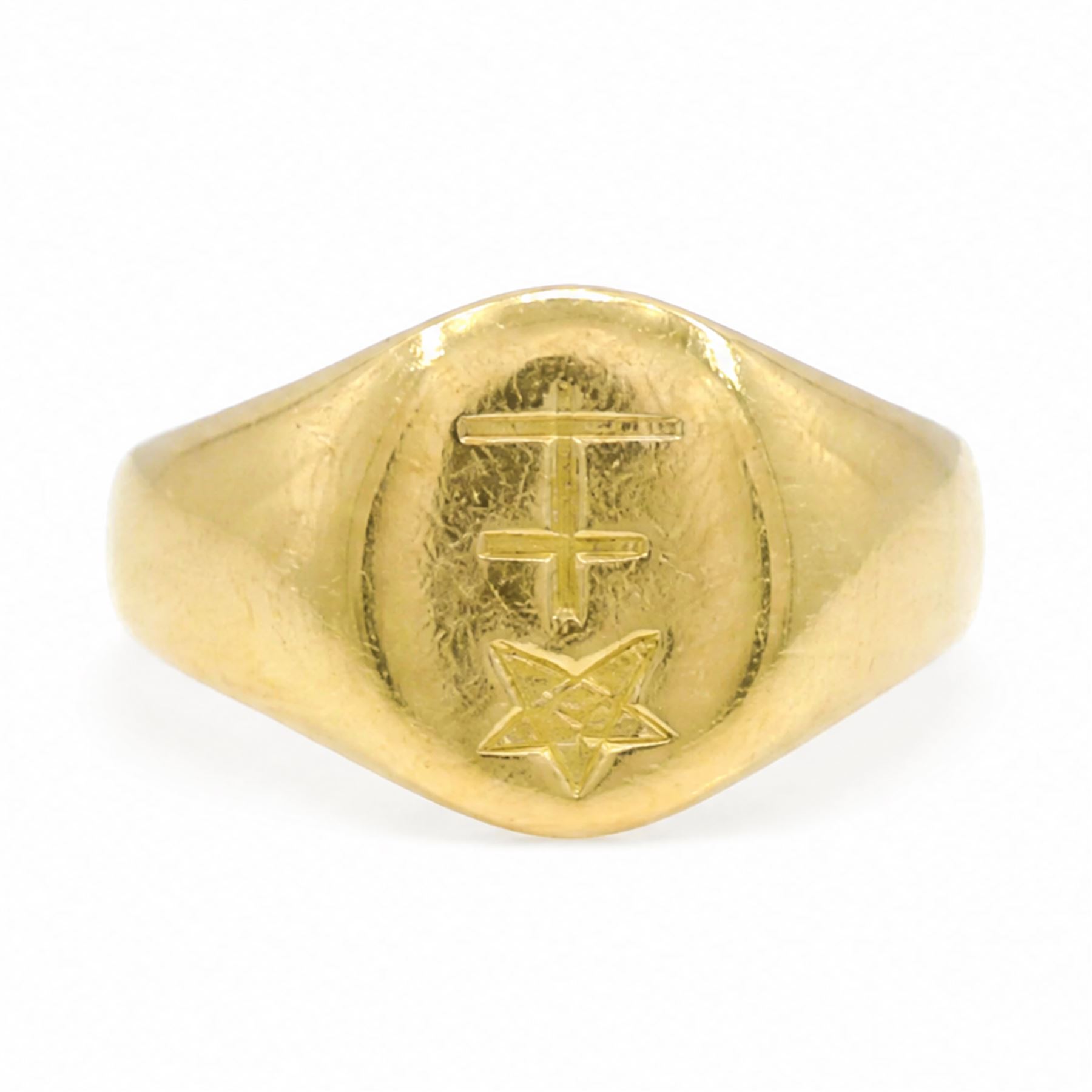 Early 20th century 18ct gold signet ring, possibly engraved with The Star of David and the Lorraine Cross, makers mark CG&S (probably Charles Green & Son)