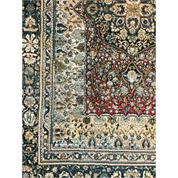 Persian design rug, rectangular crimson ground field with medallion, surrounded by trailing foliate branches, within wide border bands decorated with stylised floral motifs 