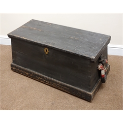  Small Victorian black painted pine Sailor's box, hinged lid interior painted with a twin masted Whaler and inscribed J Hooker, canted sides with painted rope twist beckets on a plinth base, W85cm, D46cm, H42cm  