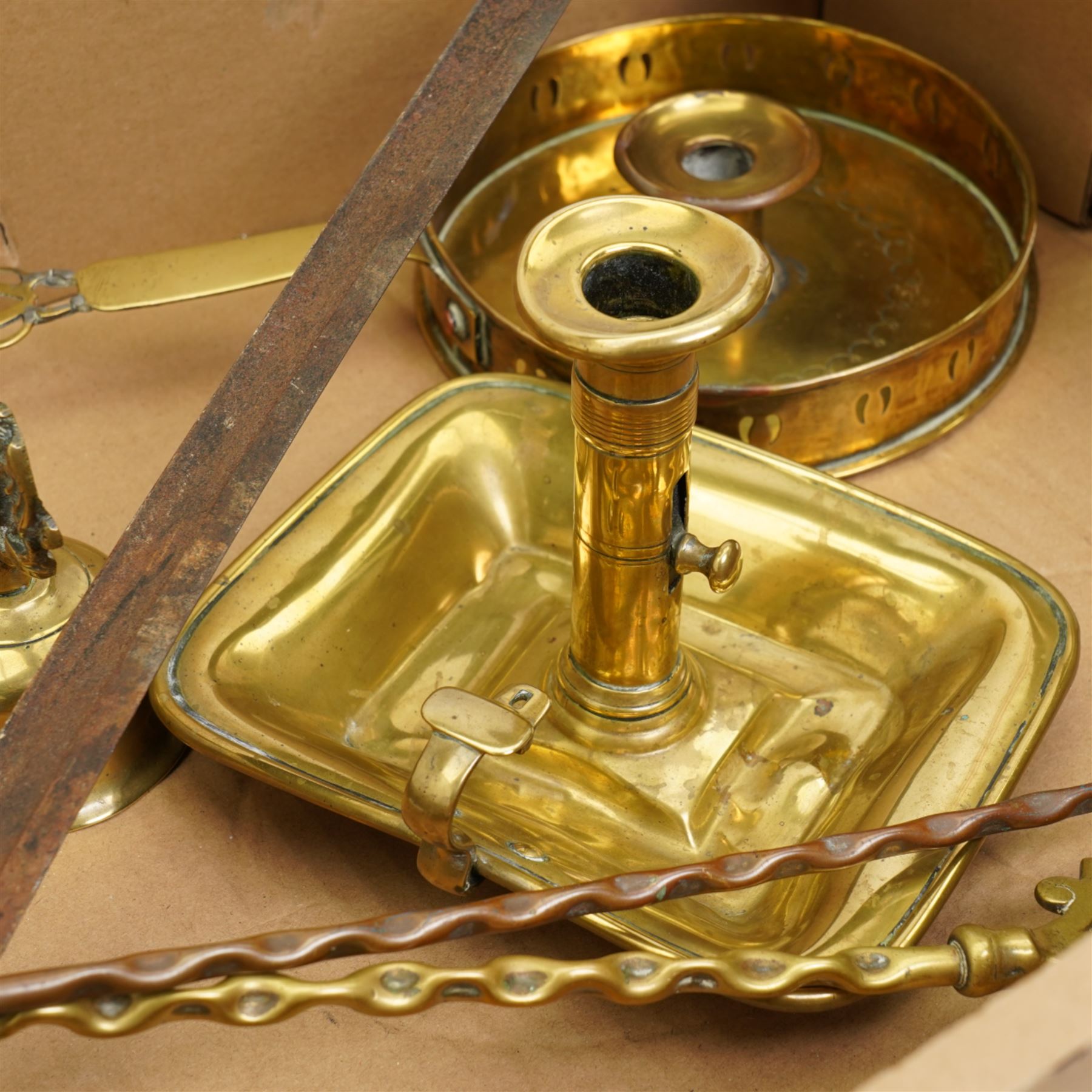French chassepot bayonet no. T73929, two 19th century brass chamber candlesticks, brass bell and fire irons; and miniature miners lamp marked 'March W.A.H 1976'