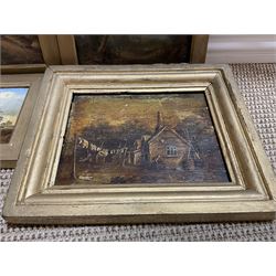 English School (19th century): Country Landscapes, three oils on panel, together with another naive 19th century oil on panel by another hand, max 15cm x 20cm (4)