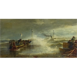  Edwin John Ellis (British 1842-1895): Paddle Steamer in heavy weather towing a Sailing Boat into Whitby Harbour, watercolour with scratching out heightened in white signed 38cm x 72cm  