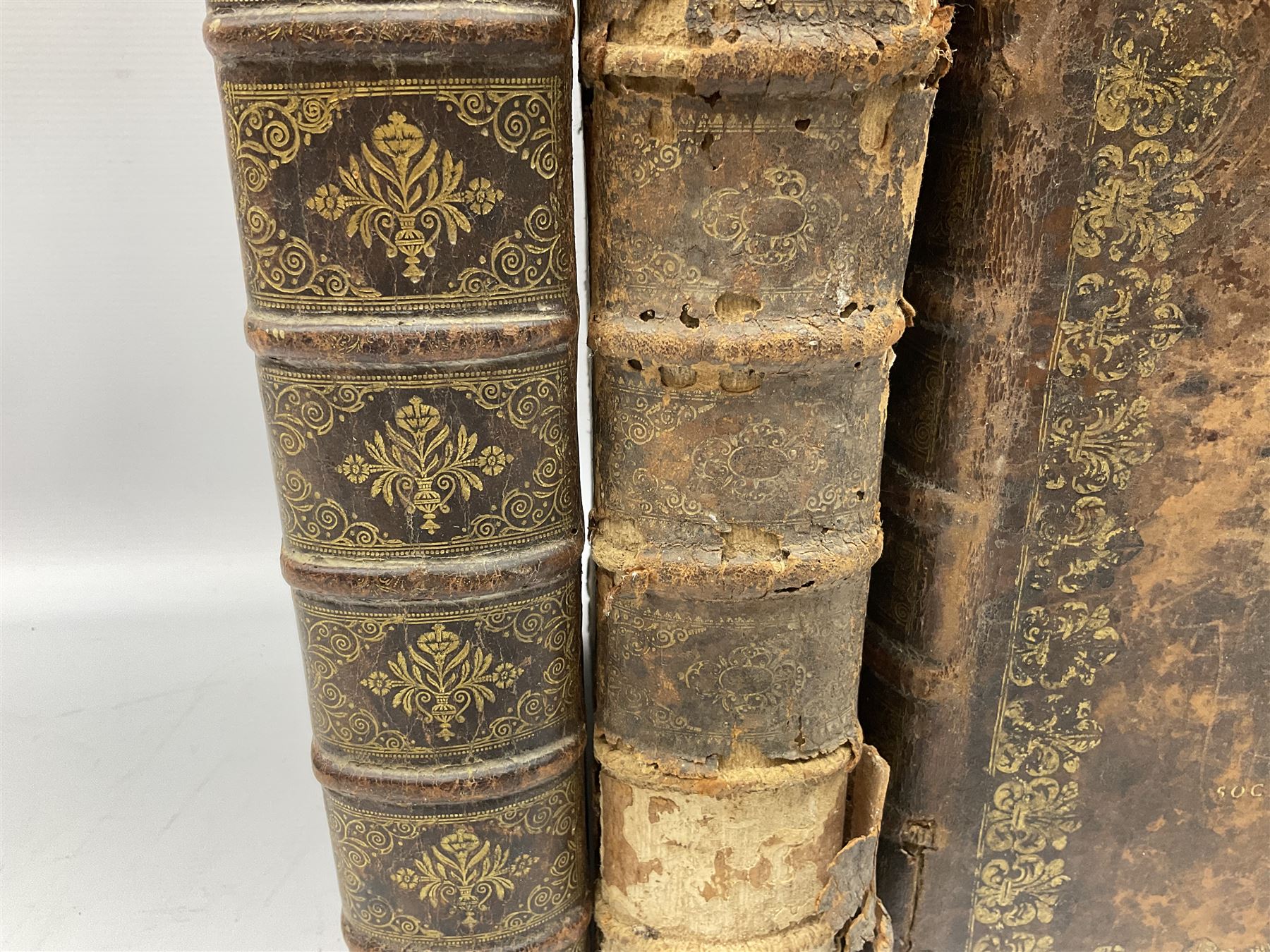 Three 17th century Lugduni (Lyon) printed books each with engraved title page in red and black comprising R.P. Corn Cornelii A Lapide .... Tomus Primus. 1690; R.P. Cornelii Cornelii A Lapide .... 1683; and Hortus Pastorum Sacrae Doctrinae Floribus Polymitus .... 1668. All folio with full calf bindings (3)
