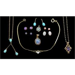 9ct gold jewellery including amethyst pendant necklace and similar pair of earrings, turquoise pendant necklace and pair of earrings, pair of opal earrings, pearl and diamond bracelet, two opal pendants and two pairs of earrings