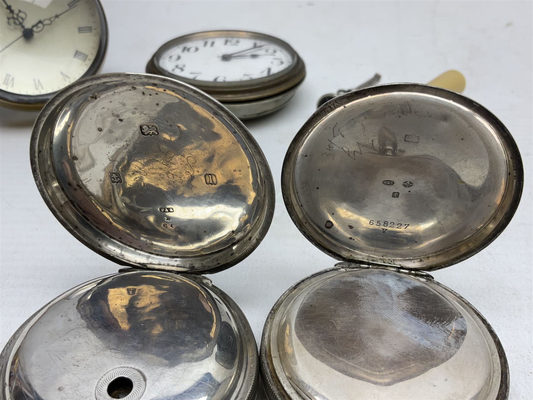 Three silver cased open face pocket watches, together with two other watches, horn pendent etc 