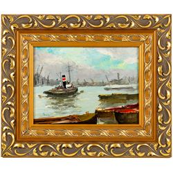 Elie Anatole Pavil (Ukrainian 1873-1944): 'London' - Tug Boat on the Thames, oil on board signed and titled 17cm x 23cm