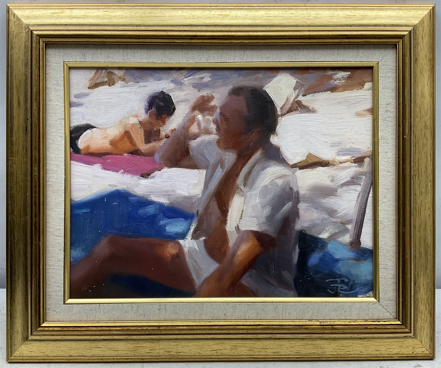 John Richard Townsend (British 1930-): 'Self Portrait' on the Beach, oil on board signed with monogram, titled and dated 1978 verso 22cm x 29cm