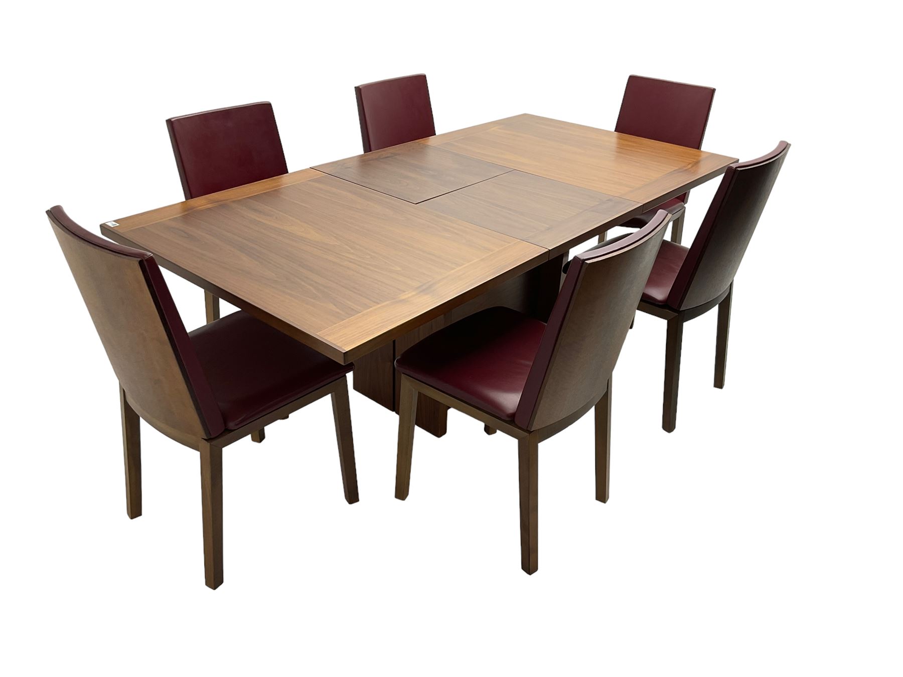 Skovby - Danish mid-20th century design teak extending dining table, rectangular top on pedestal base (W146cm D99cm H92cm); Skovby - set six Danish stained beech dining chairs, back and seat upholstered in oxblood faux leather (W47cm H90cm)