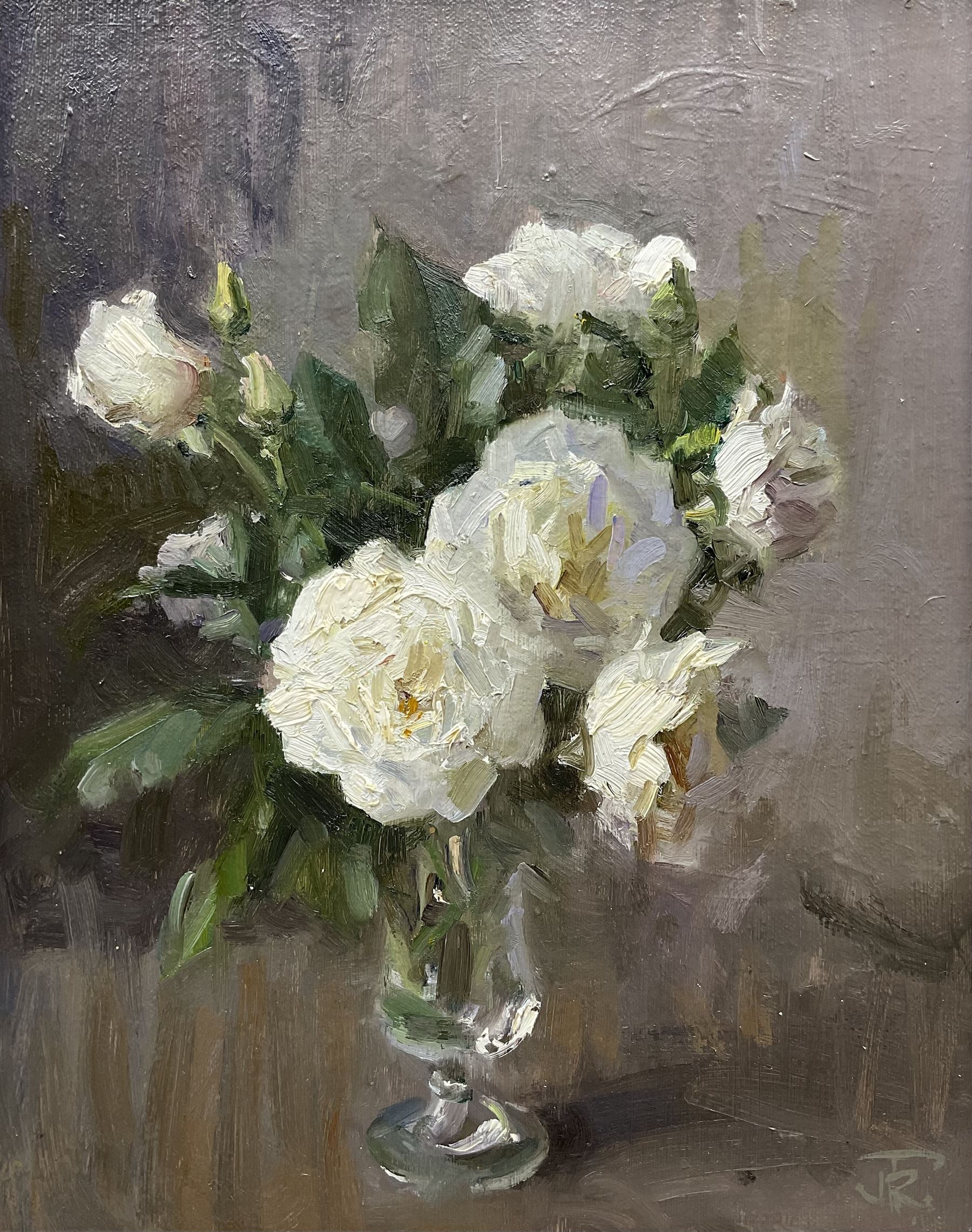 John Richard Townsend (British 1930-): Still Life of White Roses in a Glass, oil on board signed with monogram 37cm x 29cm