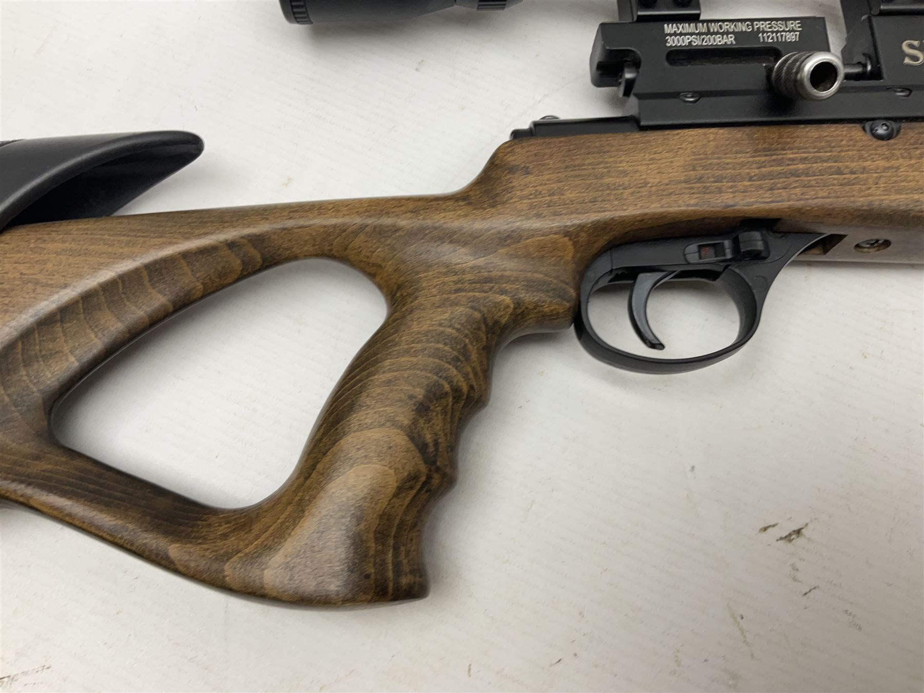 Lee Enfield Sentry Model 705 .22 cal. PCP rifle, with Nikko Stirling Mountmaster 4-12 x 50 scope and wooden stock with pistol grip; serial  no.112117897, L104.5cm overall; in soft carrying case  NB: AGE RESTRICTIONS APPLY TO THE PURCHASE OF AIR WEAPONS.
