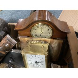 Quantity of clocks, including Amethyst clock, brass skeleton clock, a mantel barometer with barley twist decoration etc