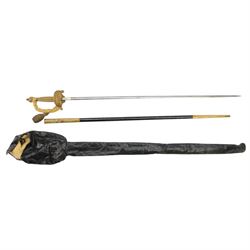 George V colonial service dress sword, the 79cm oval blade etched with a GR V cypher, having a gilt brass clam shell languet, beaded knuckle bow and grip with urn shaped pommel, in brass mounted leather sheath and with outer cover 