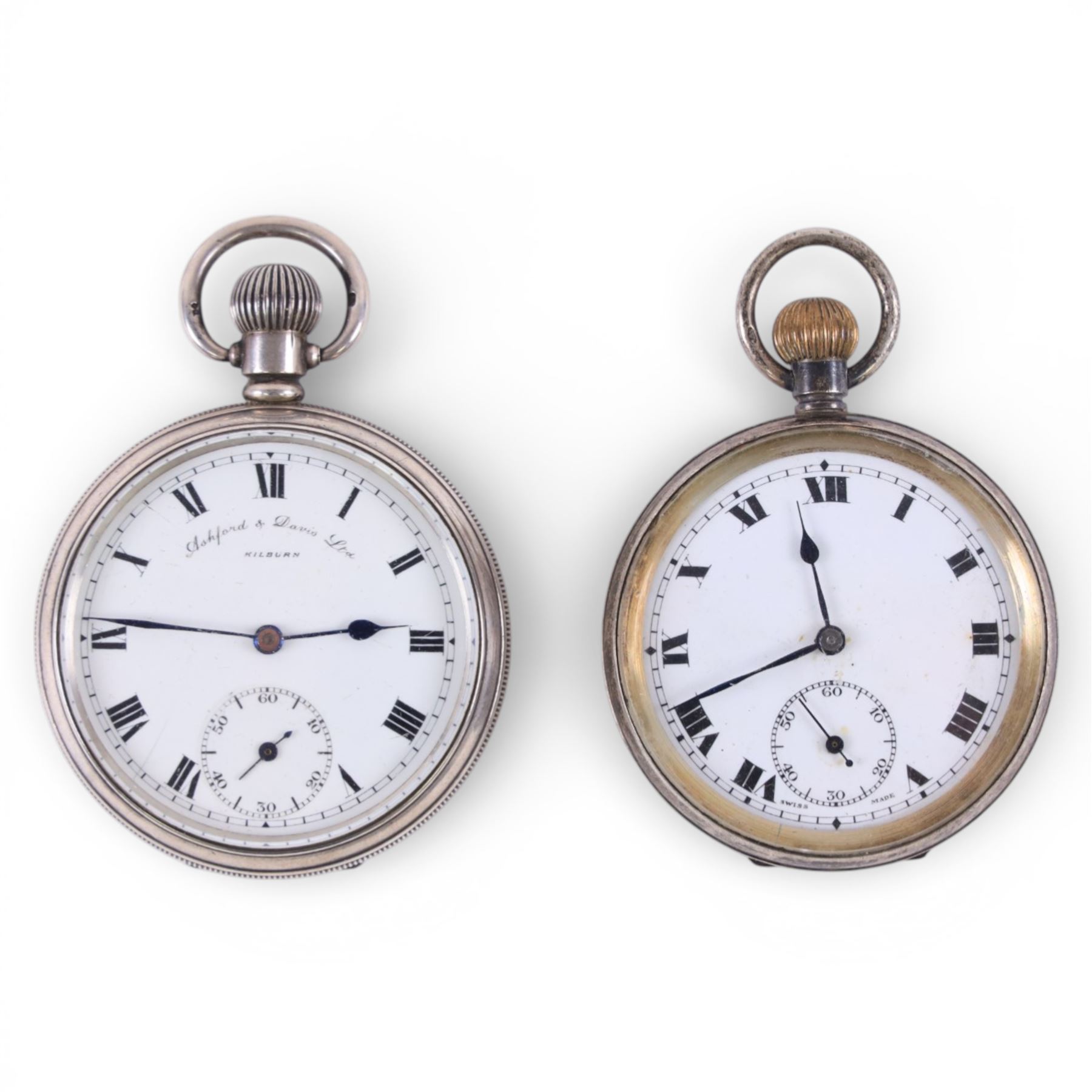 Two silver cased open face pocket watches, including Ashford & Davis example