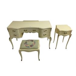 French style cream finish serpentine dressing table, with stool; and a matching bedside table (2)