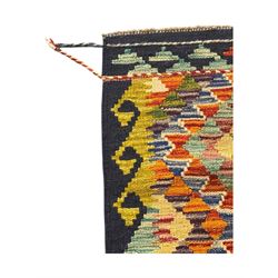 Chobi Kilim flatweave rug, dark navy ground with a vibrant multicoloured diamond lattice, framed by stylised border motifs, braided corner tassels