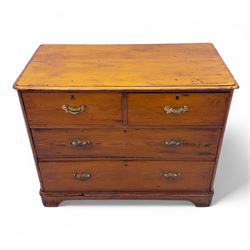19th century pine chest of drawers, rectangular moulded top over two short and two long drawers fitted with brass handles, raised on bracket feet