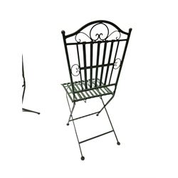Wrought metal slatted round folding garden table and four chairs in green finish - THIS LOT IS TO BE COLLECTED BY APPOINTMENT FROM DUGGLEBY STORAGE, GREAT HILL, EASTFIELD, SCARBOROUGH, YO11 3TX