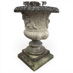Victorian design Country House cast stone urn on plinth base,