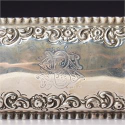 Late Victorian silver dressing table box of rectangular form with embossed hinged lid and engraved with a monogram with crimped border W15.5cm Chester 1896 Maker King & Sons