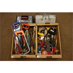  Various tools in two boxes including - saws, hammers, wire brushes, clamps, planes etc...  