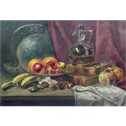 E Kyles (British late 19th century): Still Life of Fruit and Books, oil on canvas signed and titled 1898, 44cm x 64cm in heavy gilt frame