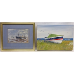 'Pilot' and Lifeboat at Sea, 20th century watercolour signed and dated 1982 by R. Carmichael 13cm x 20cm and Coble at Boulmer, oil on canvas signed by Bill Wedgwood 25cm x 35cm unframed  