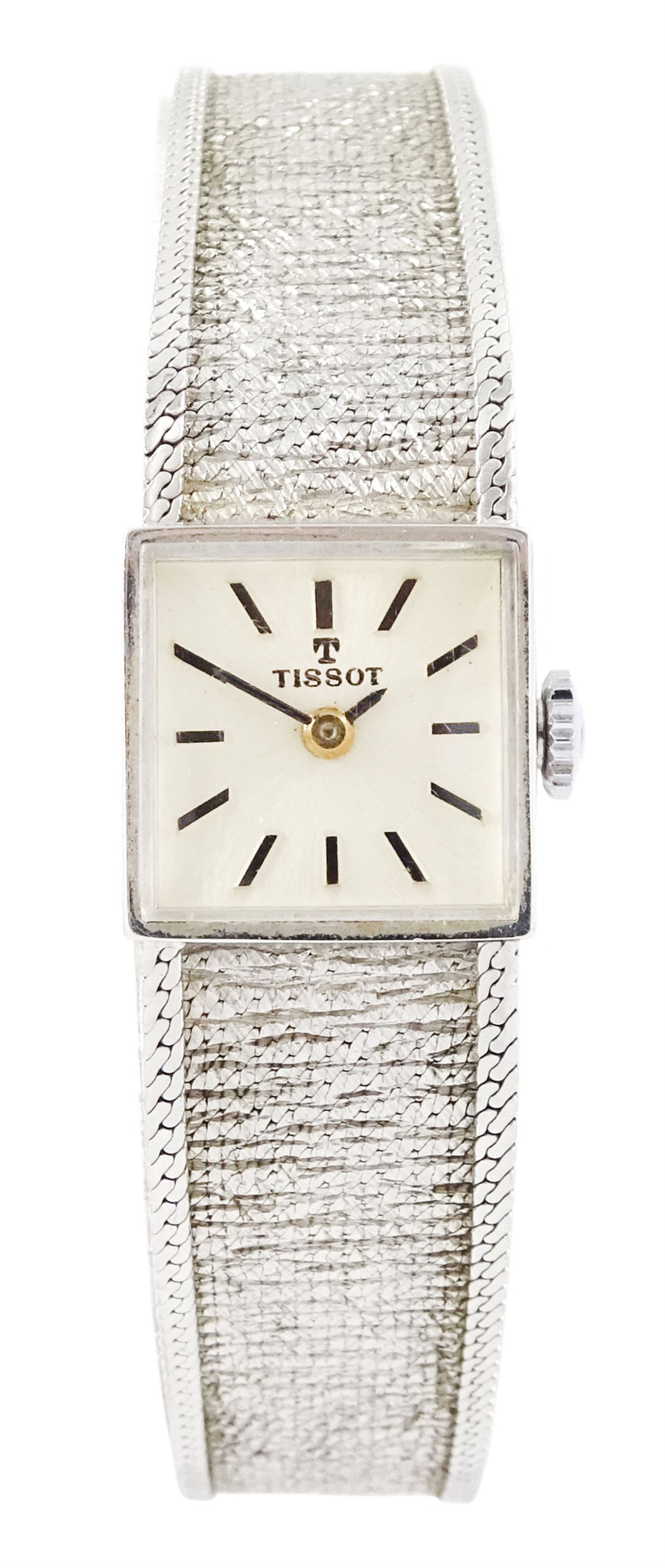 Tissot ladies 9ct white gold manual wind wristwatch, silvered dial with baton hour markers, on integral 9ct white gold bracelet, Birmingham 1972  