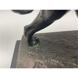 After Charles Valton, bronze, modelled as a lion, upon bronze plinth signed C H Valton, with foundry seal for J B Deposee, and black marble plinth base, overall H20cm L26cm