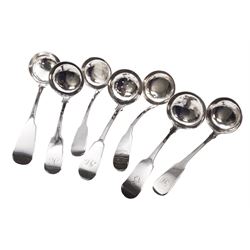 Collection of seven 19th century Scottish silver Fiddle pattern ladles/sifting spoon, by various makers including William Marshall, A G Whighton and James Howden & Co, dated between 1828 and 1838