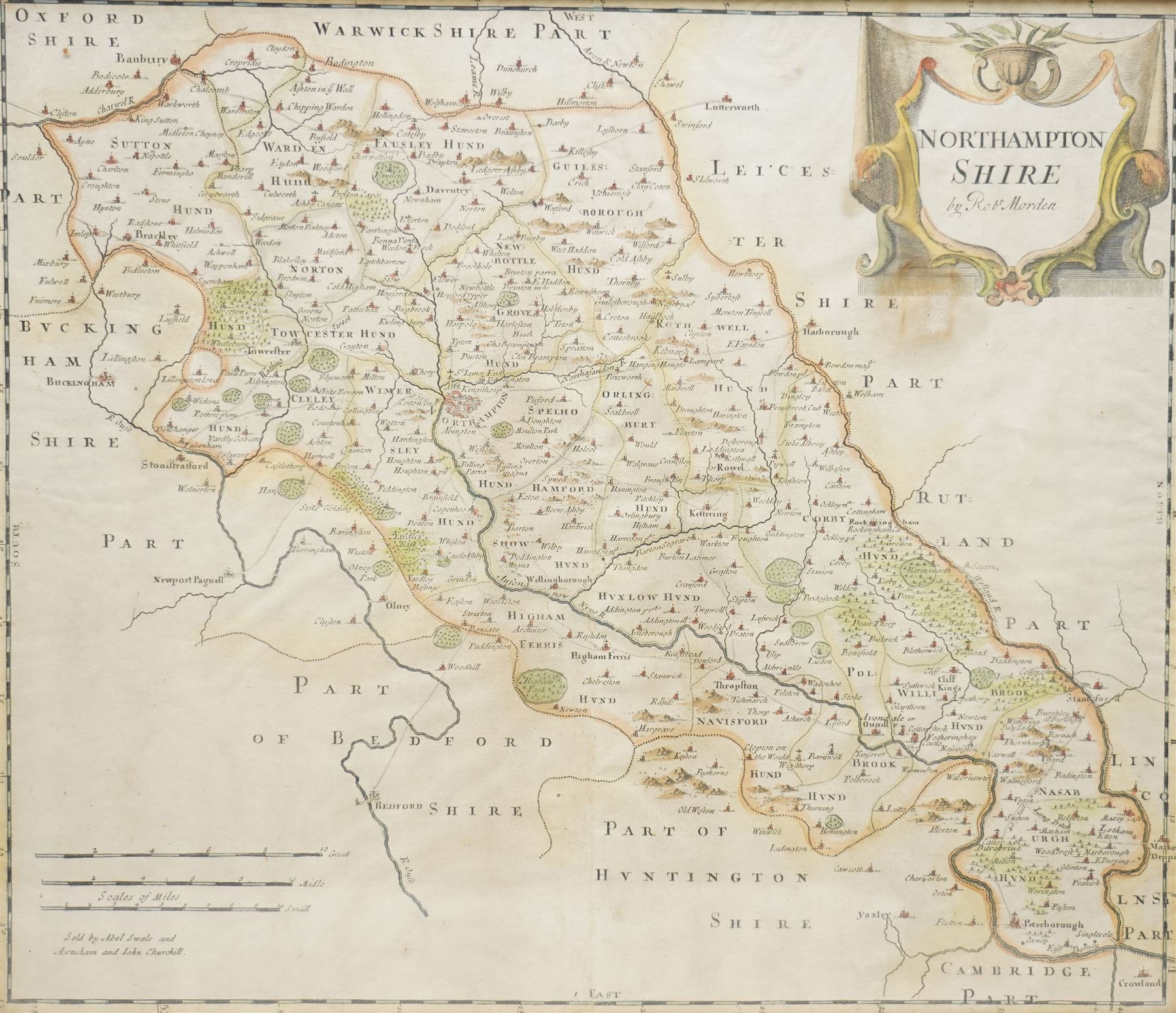 Richard Blome (British 1635-1705): 'A Mapp of the County of Leicester with its Hundreds', 18th century map with hand-colouring pub. c.1673; 
Robert Morden (British c.1650-1703): 'Northamptonshire' and Suffolk', two 17th/18th century engraved maps with hand-colouring together one other similar max 36cm x 42cm (4)