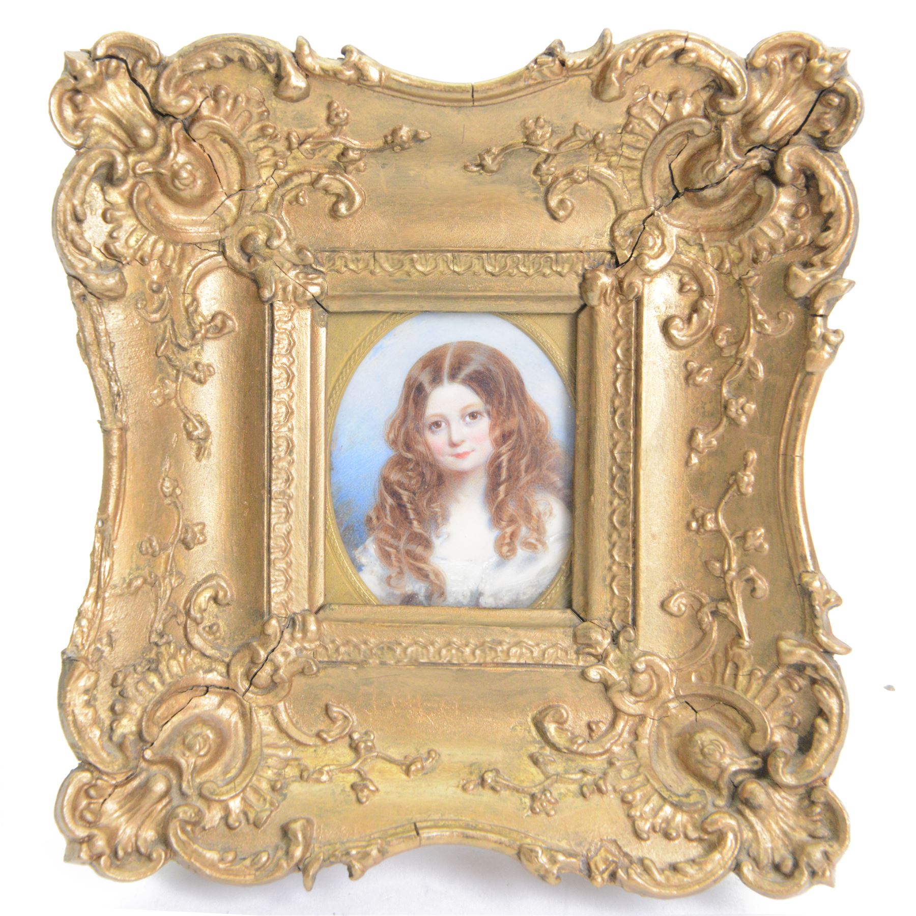 English School (mid 19th century)
Portrait miniature upon ivory
Head and shoulder portrait of a young girl, believed to depict a member of the Chichester family of Arlington Court, Devon, wearing a white lace trimmed gown before a soft blue ground
Within gilt gesso Rococo style frame 
Oval 7.5cm x 6cm 
Overall 20cm x 18.5cm 

Provenance: By family descent from the Chichesters of Arlington Court, Devon; from the collection of Andrew Chichester Everitt.

This lot has been registered for sale under Section 10 of the APHA Ivory Act