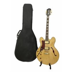 Late 1990s Epiphone Sheraton left handed hollow body electric guitar by Gibson, serial no.99090334, bears label 'Made in Korea', L103cm, in Hiscox fitted hard case; with Squier SP-10 amplifier and XCG folding guitar stand (3)