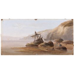 Edward King Redmore (British 1860-1941): Two Boat Scenes with Headlands, two oils on board, together with two further scenes of boats, max 17cm x 18.5cm (4) (one unframed)