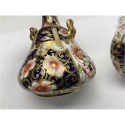 Pair of Royal Crown Derby 6299 imari pattern miniature vases, together with a miniature pitcher and dish in 2451 imari pattern, all with printed marks beneath, vase H12cm 