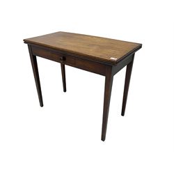 19th century mahogany fold over tea table, fitted with single drawer, square taping supports