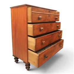 Victorian mahogany chest, with four long  flame mahogany fronted drawers with turned wooden knobs, raised on turned bun feet 