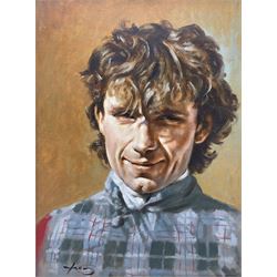 Graham Isom (British 1945-): 'The Champion Hurdle Cheltenham 17th March 1981' Portrait of John Francome Jockey of Sea Pigeon, oil on canvas signed, inscribed on frame 39cm x 29cm