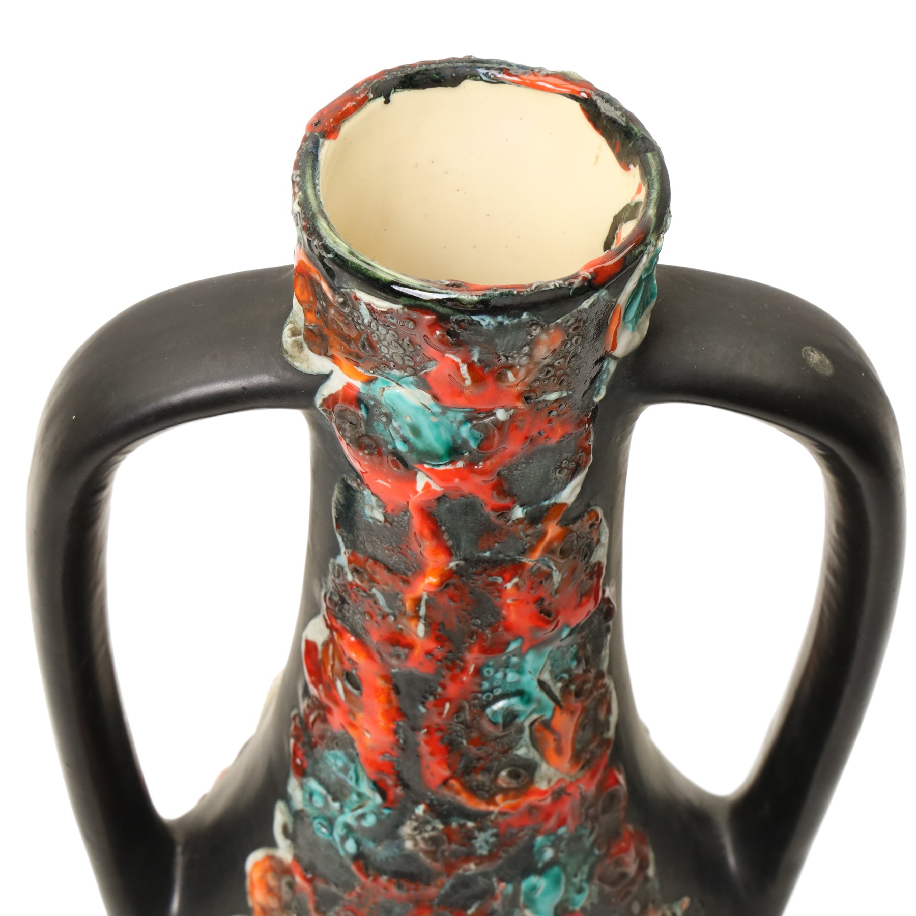 Mid-century twin-handled fat lava vase, H45cm 