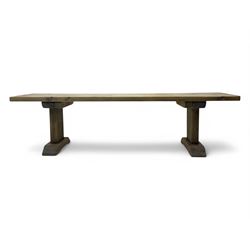 Barker & Stonehouse - contemporary 'Newsham' reclaimed oak dining bench, rectangular plank seat over twin pedestal supports with shaped bases, finished in weathered grey wax