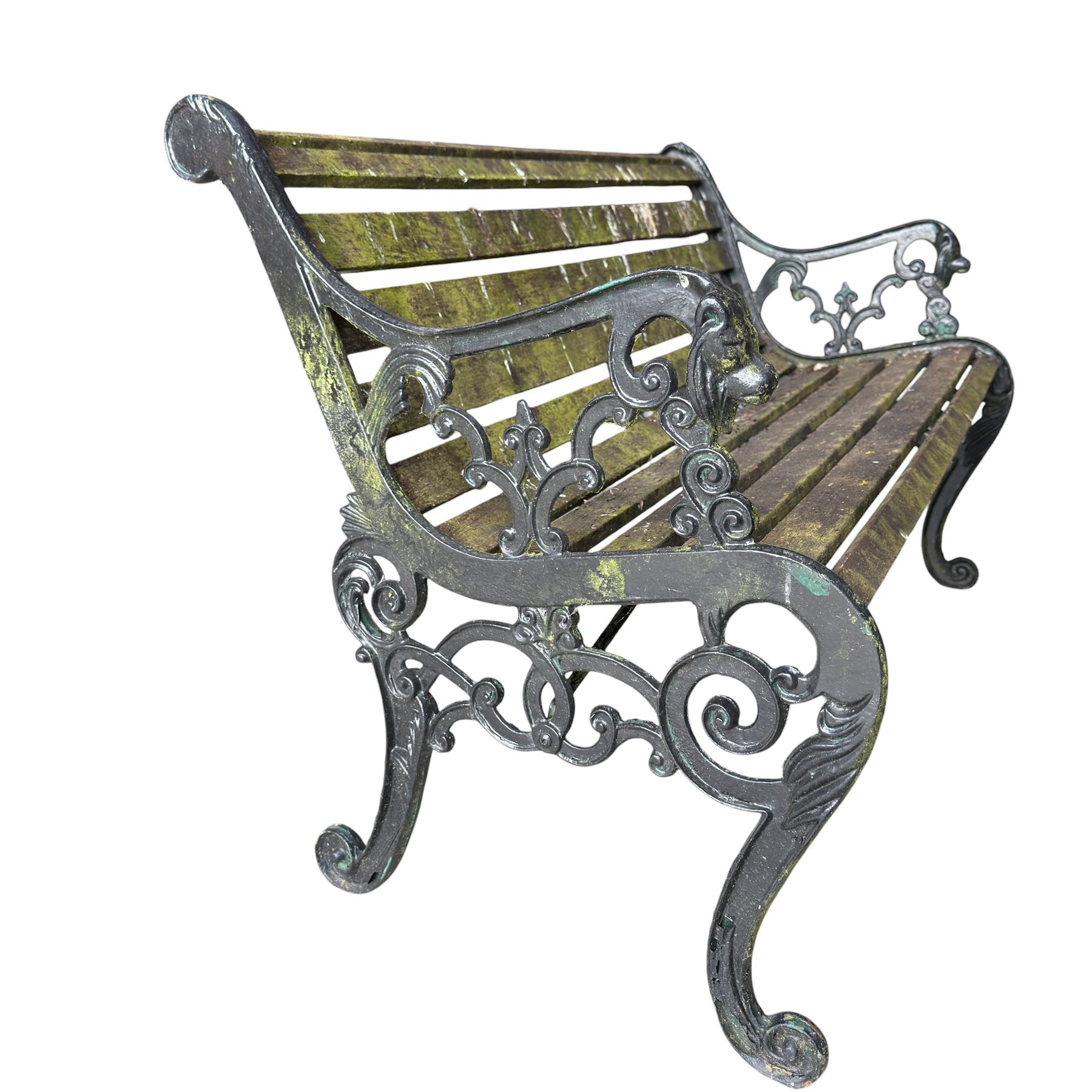 Pair of Victorian Revival Coalbrookdale design 'Dog and Serpent' pattern benches with slatted seats, the cast iron end supports of pierced and scrolling design with dog mask arm terminals
