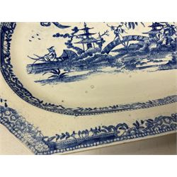 Pair of early 19th Century blue and white transfer plates by Turner, of elongated rectangular form decorated with a river scene of a figure in a fishing boat and another figure walking over a bridge between two pagodas amongst blossoming trees, surrounded by foliate borders, both impressed 'Turner' marks beneath, L27.5cm