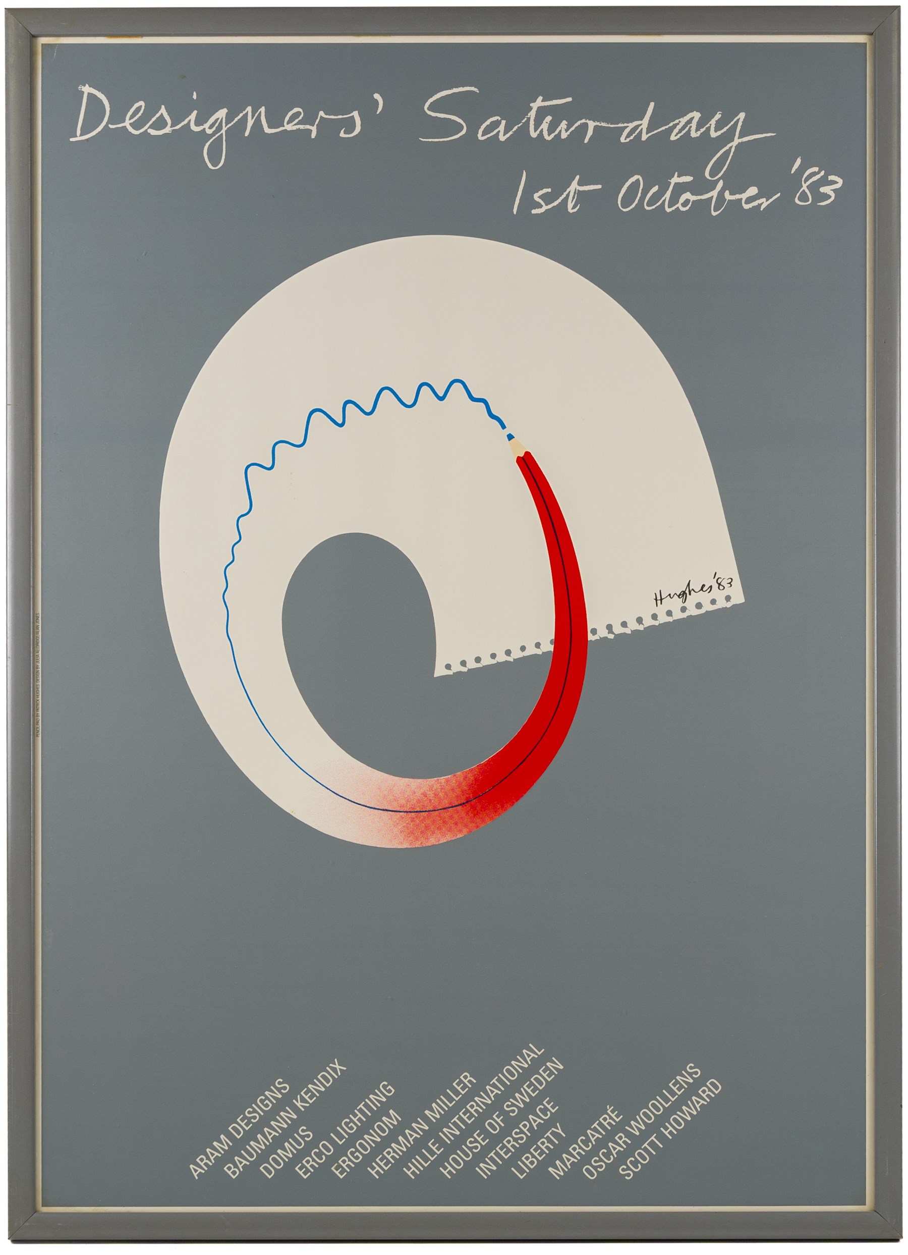 After Patrick Hughes (British 1939-): Designers' Saturday - 1st October 1983, lithographic poster 81.5cm x 57.5cm
Notes: This event, held at multiple showrooms across London, gave interior designers and architects the opportunity to meet with suppliers outside of regular working hours. The idea originated in New York, and has since been repeated in many major European cities, and still takes place in Oslo.