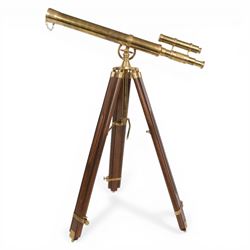 Reproduction brass marine telescope, on wooden tripod stand, inscribed Marine Telescope, L...