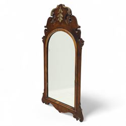 Three-piece mixed furniture lot, comprising an Edwardian mahogany occasional table with inlaid border and under-tier (H 70cm, W 54cm, D 38cm), a French parquetry corner cabinet with ormolu mounts (H 83cm, W 50cm, D 29cm), and a shaped walnut framed wall mirror with scroll cresting (H 75cm, W 43cm)